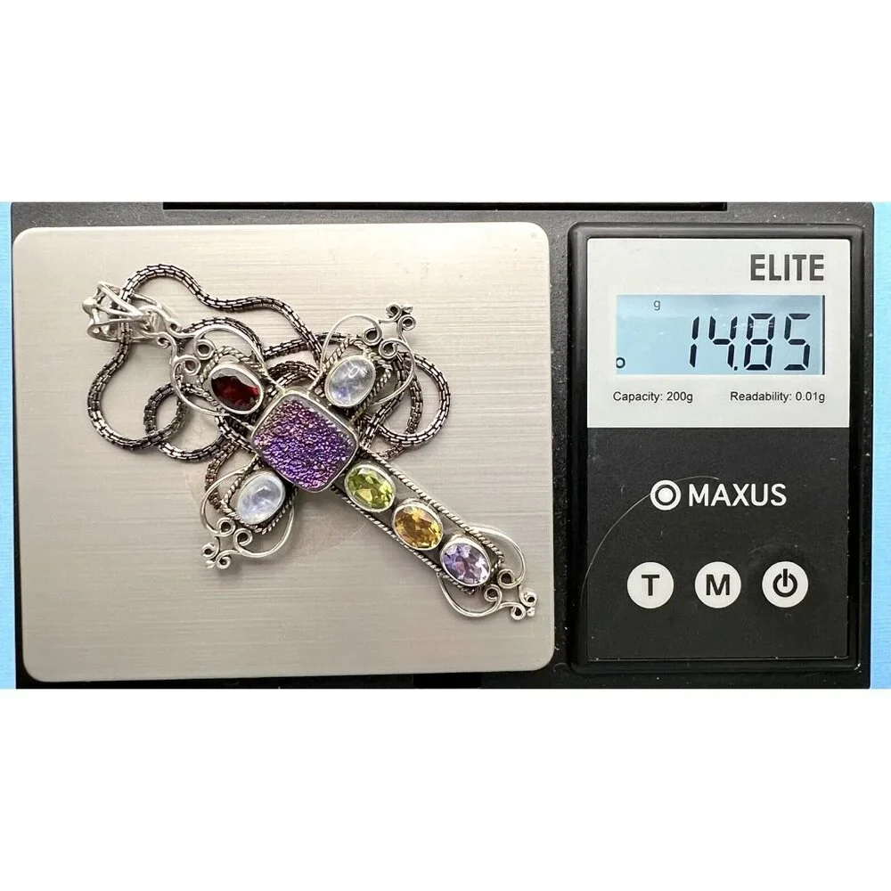 NICKY BUTLER 925 Silver Druzy Gemstone Cross Pendant Necklace - Picture 15 of 15